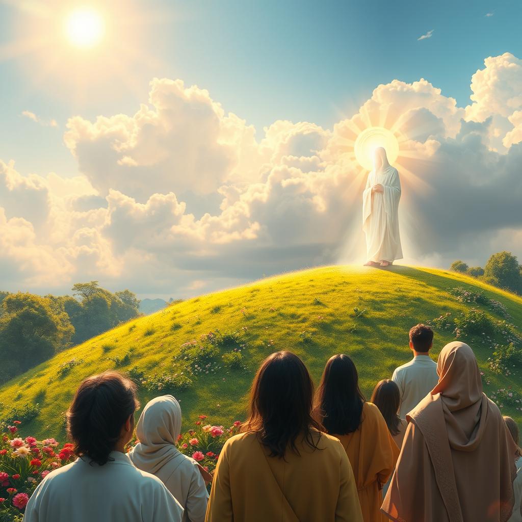 A divine and ethereal scene representing spiritual enlightenment, depicting a radiant, glowing figure (the Master) standing on a hill, surrounded by lush greenery and blooming flowers