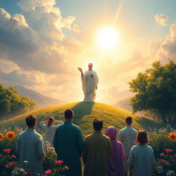 A divine and ethereal scene representing spiritual enlightenment, depicting a radiant, glowing figure (the Master) standing on a hill, surrounded by lush greenery and blooming flowers