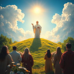 A divine and ethereal scene representing spiritual enlightenment, depicting a radiant, glowing figure (the Master) standing on a hill, surrounded by lush greenery and blooming flowers