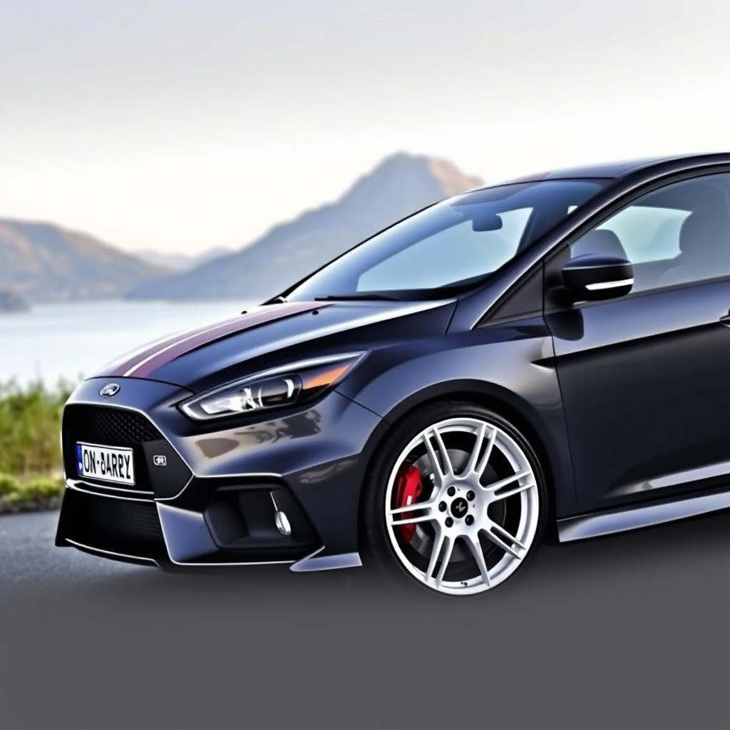 A dark grey Ford Focus RS featuring striking white OZ Racing rally wheels