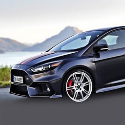 A dark grey Ford Focus RS featuring striking white OZ Racing rally wheels