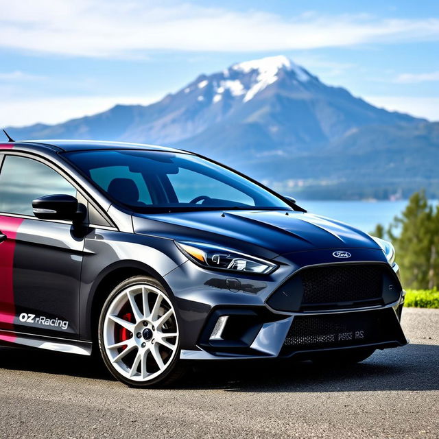 A dark grey Ford Focus RS featuring striking white OZ Racing rally wheels