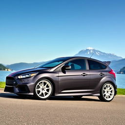 A dark grey Ford Focus RS featuring striking white OZ Racing rally wheels