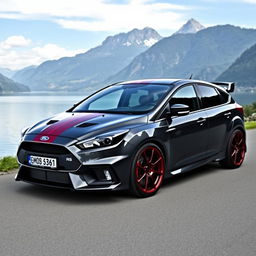 A dark grey Ford Focus RS equipped with stylish OZ Racing rally wheels (felgen)