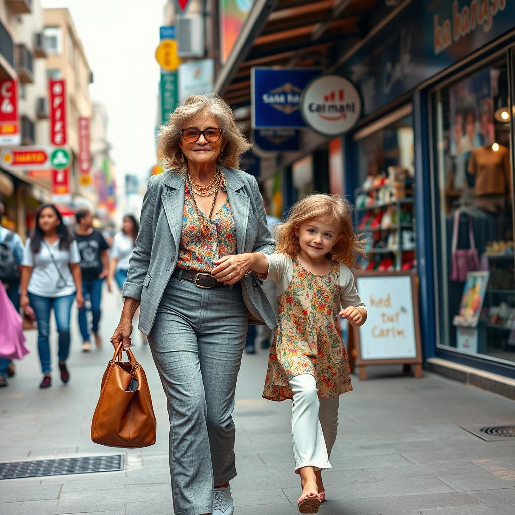 A dynamic scene featuring a stylish, confident middle-aged woman (often referred to as a ‘golf milf’) and her granddaughter, both displaying a strong and empowering presence as they navigate a vibrant urban street
