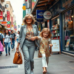 A dynamic scene featuring a stylish, confident middle-aged woman (often referred to as a ‘golf milf’) and her granddaughter, both displaying a strong and empowering presence as they navigate a vibrant urban street