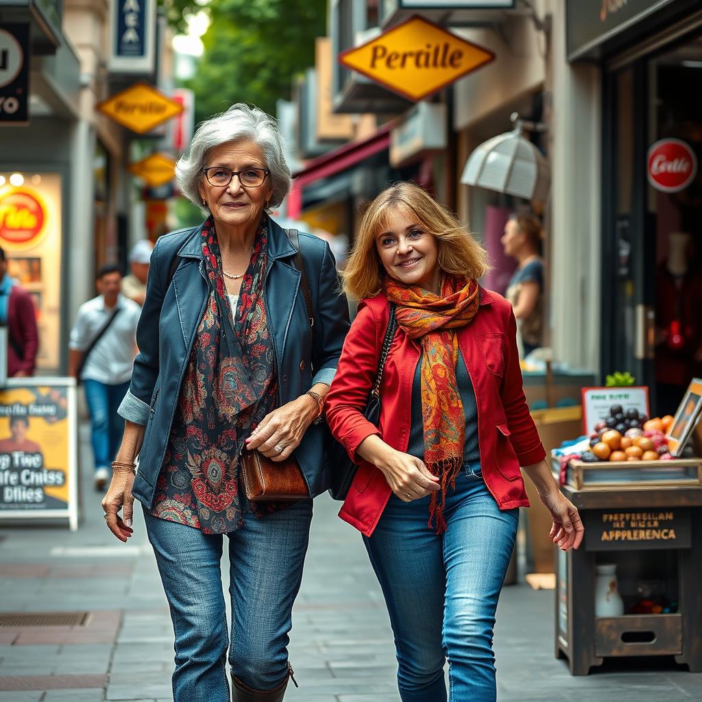 A dynamic scene featuring a stylish, confident middle-aged woman (often referred to as a ‘golf milf’) and her granddaughter, both displaying a strong and empowering presence as they navigate a vibrant urban street