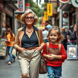 A dynamic scene featuring a stylish, confident middle-aged woman (often referred to as a ‘golf milf’) and her granddaughter, both displaying a strong and empowering presence as they navigate a vibrant urban street