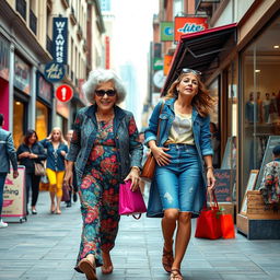 A vibrant scene featuring a glamorous grandmother (often referred to as a ‘gilf’) and her lively granddaughter, both exuding confidence and empowerment as they navigate a colorful urban street