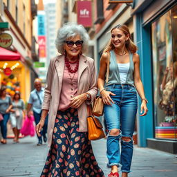 A vibrant scene featuring a glamorous grandmother (often referred to as a ‘gilf’) and her lively granddaughter, both exuding confidence and empowerment as they navigate a colorful urban street