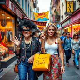 A vibrant scene featuring a glamorous grandmother (often referred to as a ‘gilf’) and her lively granddaughter, both exuding confidence and empowerment as they navigate a colorful urban street