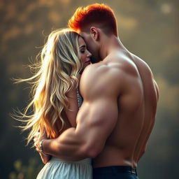 A beautiful blonde woman is embraced tenderly by a powerful man with striking red hair, who stands with his back to us, showcasing a strong build and confident posture