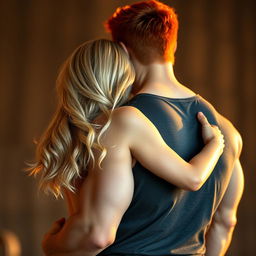 A beautiful blonde woman is embraced tenderly by a powerful man with striking red hair, who stands with his back to us, showcasing a strong build and confident posture