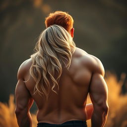 A beautiful blonde woman is embraced tenderly by a powerful man with striking red hair, who stands with his back to us, showcasing a strong build and confident posture