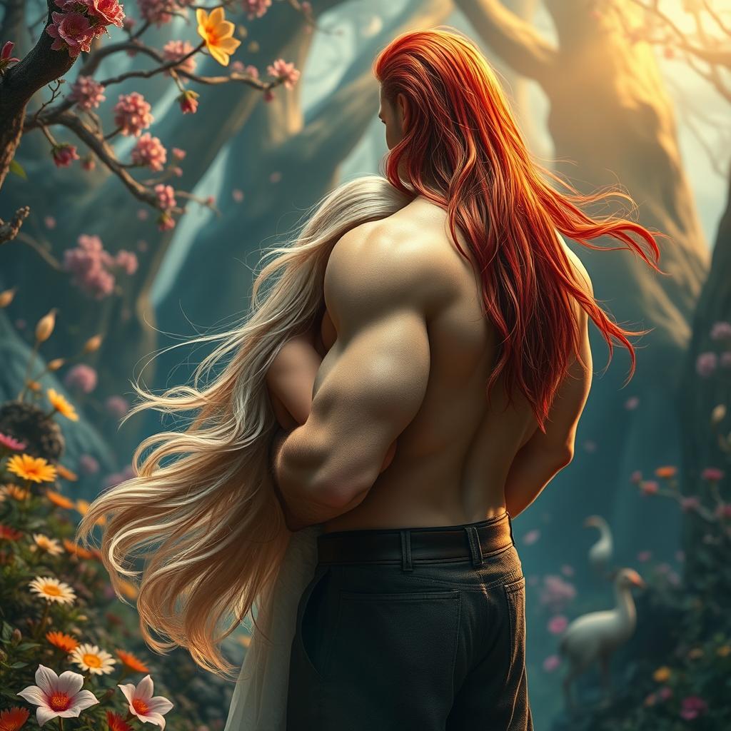 A stunning scene depicting a beautiful blonde woman gently embraced by a powerful man with long, flowing red hair