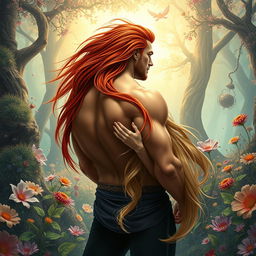 A stunning scene depicting a beautiful blonde woman gently embraced by a powerful man with long, flowing red hair