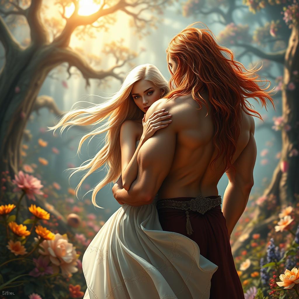 A stunning scene depicting a beautiful blonde woman gently embraced by a powerful man with long, flowing red hair