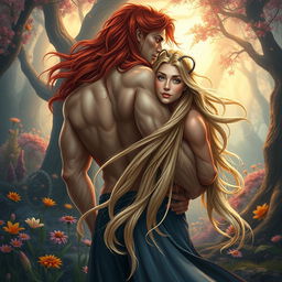 A stunning scene depicting a beautiful blonde woman gently embraced by a powerful man with long, flowing red hair