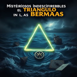 A captivating YouTube video thumbnail titled "Misterios Indescifrables del Triángulo de las Bermudas" featuring a mysterious sea background with dark, swirling waters