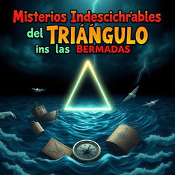 A captivating YouTube video thumbnail titled "Misterios Indescifrables del Triángulo de las Bermudas" featuring a mysterious sea background with dark, swirling waters