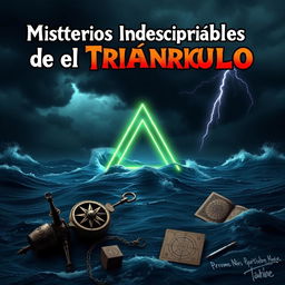 A captivating YouTube video thumbnail titled "Misterios Indescifrables del Triángulo de las Bermudas" featuring a mysterious sea background with dark, swirling waters