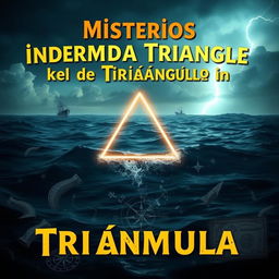 A captivating YouTube video thumbnail titled "Misterios Indescifrables del Triángulo de las Bermudas" featuring a mysterious sea background with dark, swirling waters