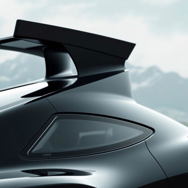 A sleek, aerodynamic black car featuring a unique triangular design window