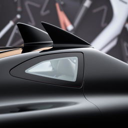 A sleek, aerodynamic black car featuring a unique triangular design window