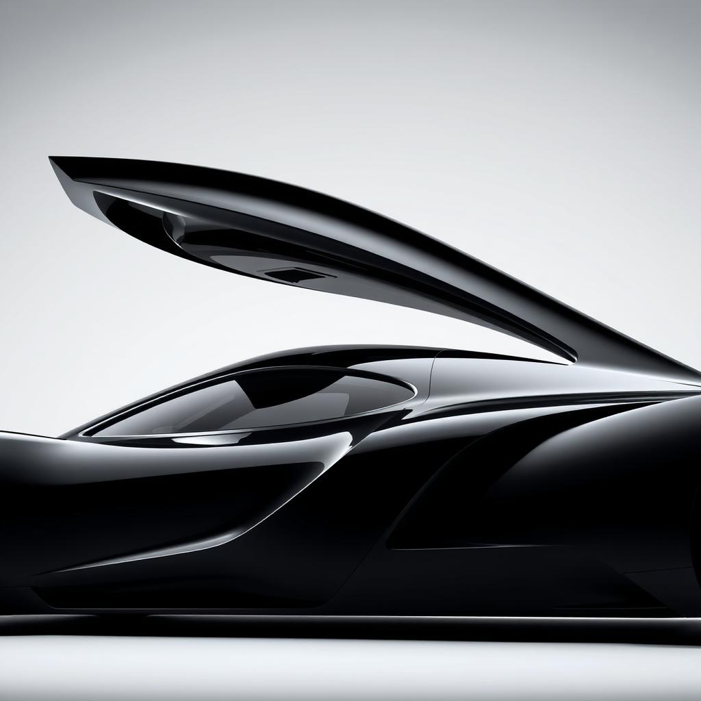 A sleek, aerodynamic black car featuring a distinctive triangular design window