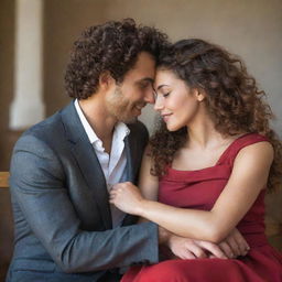 Create a romantic scene with a couple seated facing each other, emanating love and complicity. The woman has long, curly brown hair, mixed ethnic features, and honey-colored eyes. The man has short curly dark brown hair with buzzed sides and brown eyes. Their hands are entwined and they look at each other lovingly. They are dressed in perfectly coordinated red or blue outfits.