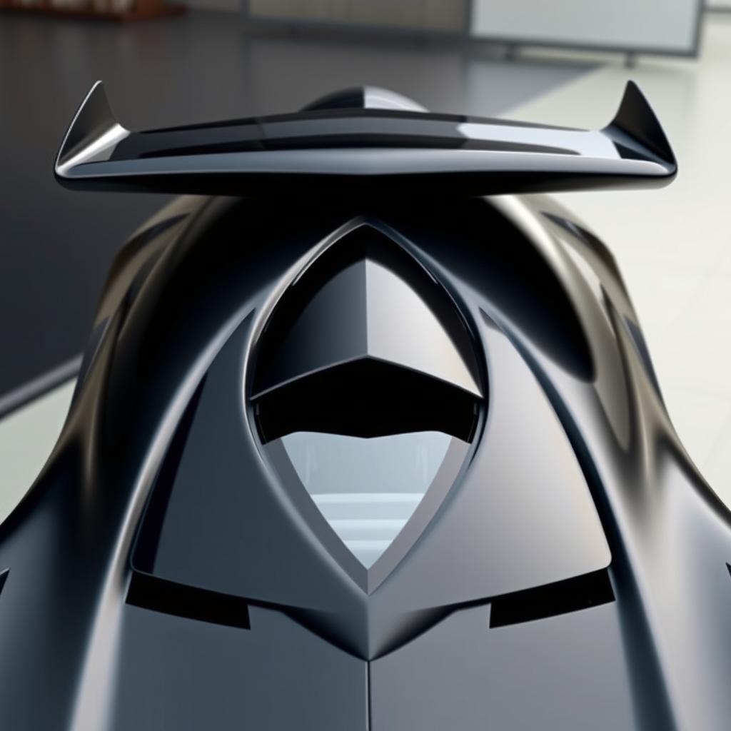 A striking black car with a sleek, aerodynamic design and a unique triangular window