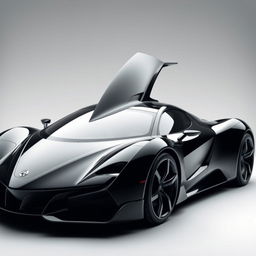 A striking black car with a sleek, aerodynamic design and a unique triangular window