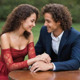 Create a romantic scene with a couple seated facing each other, emanating love and complicity. The woman has long, curly brown hair, mixed ethnic features, and honey-colored eyes. The man has short curly dark brown hair with buzzed sides and brown eyes. Their hands are entwined and they look at each other lovingly. They are dressed in perfectly coordinated red or blue outfits.