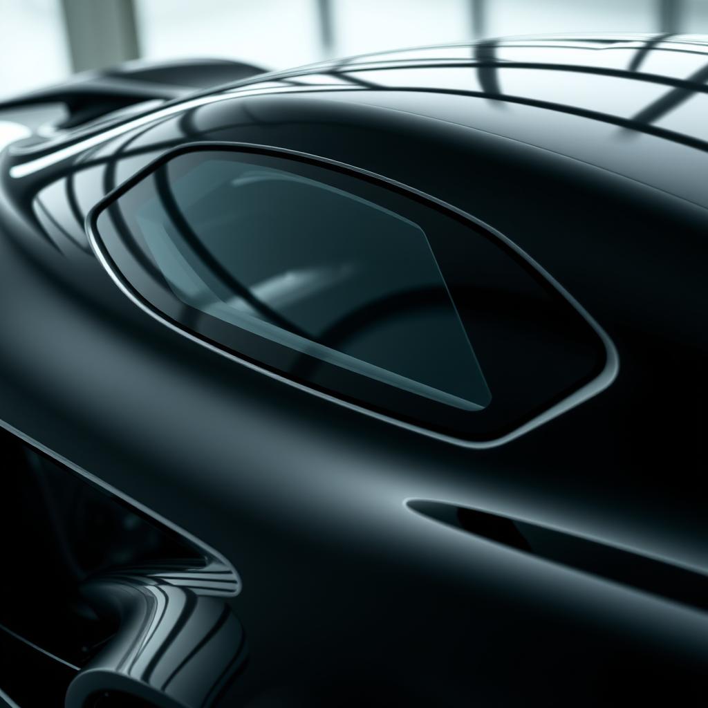 A sleek, aerodynamic black car featuring a striking triangular design window