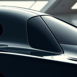 A sleek, aerodynamic black car featuring a striking triangular design window