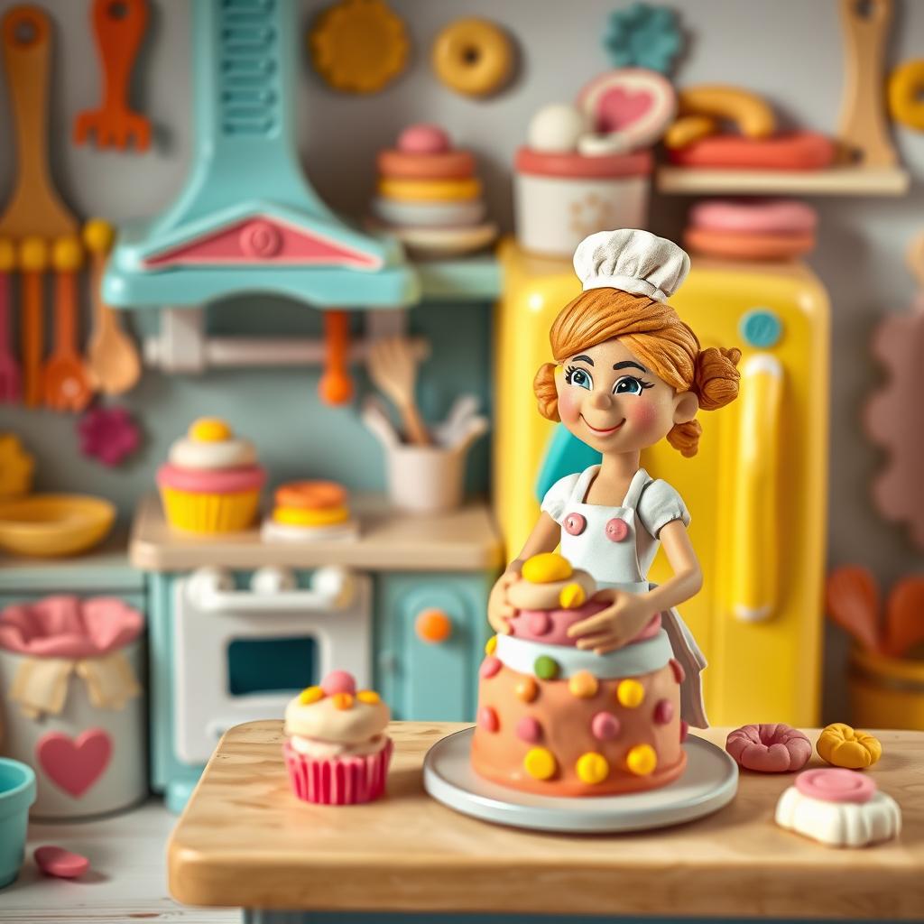 A charming playdough kitchen featuring a playful and colorful design, complete with a whimsical stove, a bright fridge, and a countertop full of delightful miniature playfood items like cakes, cookies, and pastries