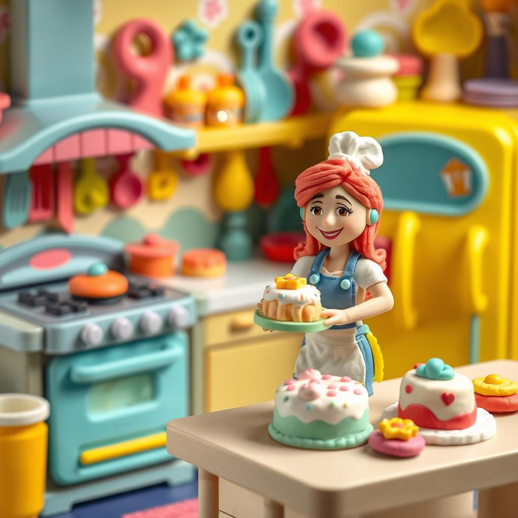 A charming playdough kitchen featuring a playful and colorful design, complete with a whimsical stove, a bright fridge, and a countertop full of delightful miniature playfood items like cakes, cookies, and pastries