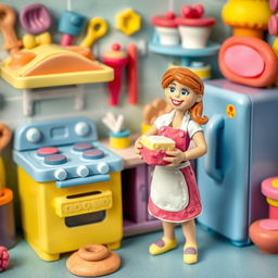 A charming playdough kitchen featuring a playful and colorful design, complete with a whimsical stove, a bright fridge, and a countertop full of delightful miniature playfood items like cakes, cookies, and pastries