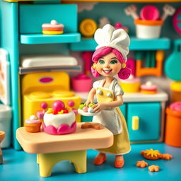 A charming playdough kitchen featuring a playful and colorful design, complete with a whimsical stove, a bright fridge, and a countertop full of delightful miniature playfood items like cakes, cookies, and pastries