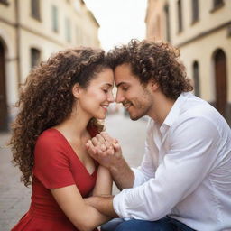 Create a romantic scene with a couple seated facing each other, emanating love and complicity. The woman has long, curly brown hair, mixed ethnic features, and honey-colored eyes. The man has short curly dark brown hair with buzzed sides and brown eyes. Their hands are entwined and they look at each other lovingly. They are dressed in perfectly coordinated red or blue outfits.