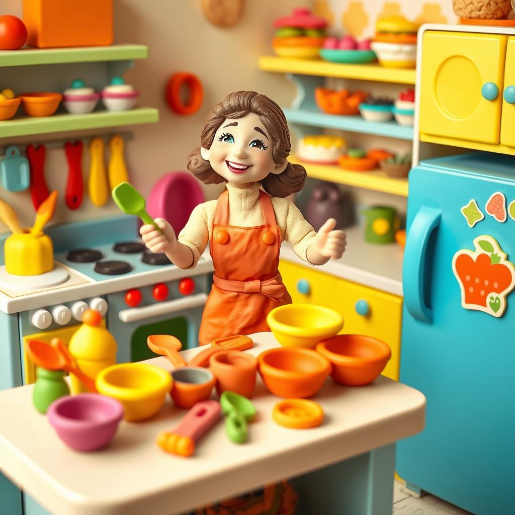 A delightful playdough kitchen filled with vibrant colors and whimsical elements, featuring a female baker made of playdough