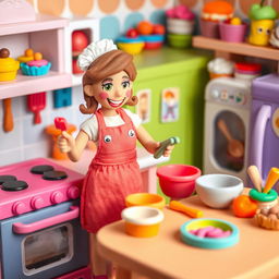 A delightful playdough kitchen filled with vibrant colors and whimsical elements, featuring a female baker made of playdough