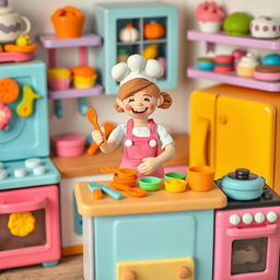 A delightful playdough kitchen filled with vibrant colors and whimsical elements, featuring a female baker made of playdough