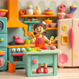 A delightful playdough kitchen filled with vibrant colors and whimsical elements, featuring a female baker made of playdough