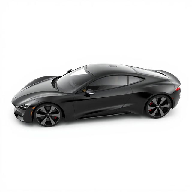 A fully visible black car with a sleek, aerodynamic design and a distinctive triangular window