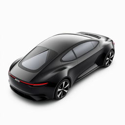 A fully visible black car with a sleek, aerodynamic design and a distinctive triangular window