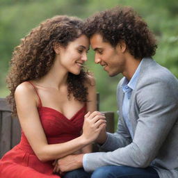 Create a romantic scene with a couple seated facing each other, emanating love and complicity. The woman has long, curly brown hair, mixed ethnic features, and honey-colored eyes. The man has short curly dark brown hair with buzzed sides and brown eyes. Their hands are entwined and they look at each other lovingly. They are dressed in perfectly coordinated red or blue outfits.