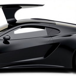 A fully visible, sleek black car with an aerodynamic design and a distinctive triangular window