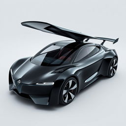 A fully visible, sleek black car with an aerodynamic design and a distinctive triangular window