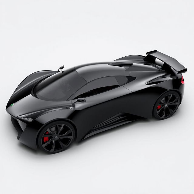 A fully visible, sleek black car with an aerodynamic design and a distinctive triangular window